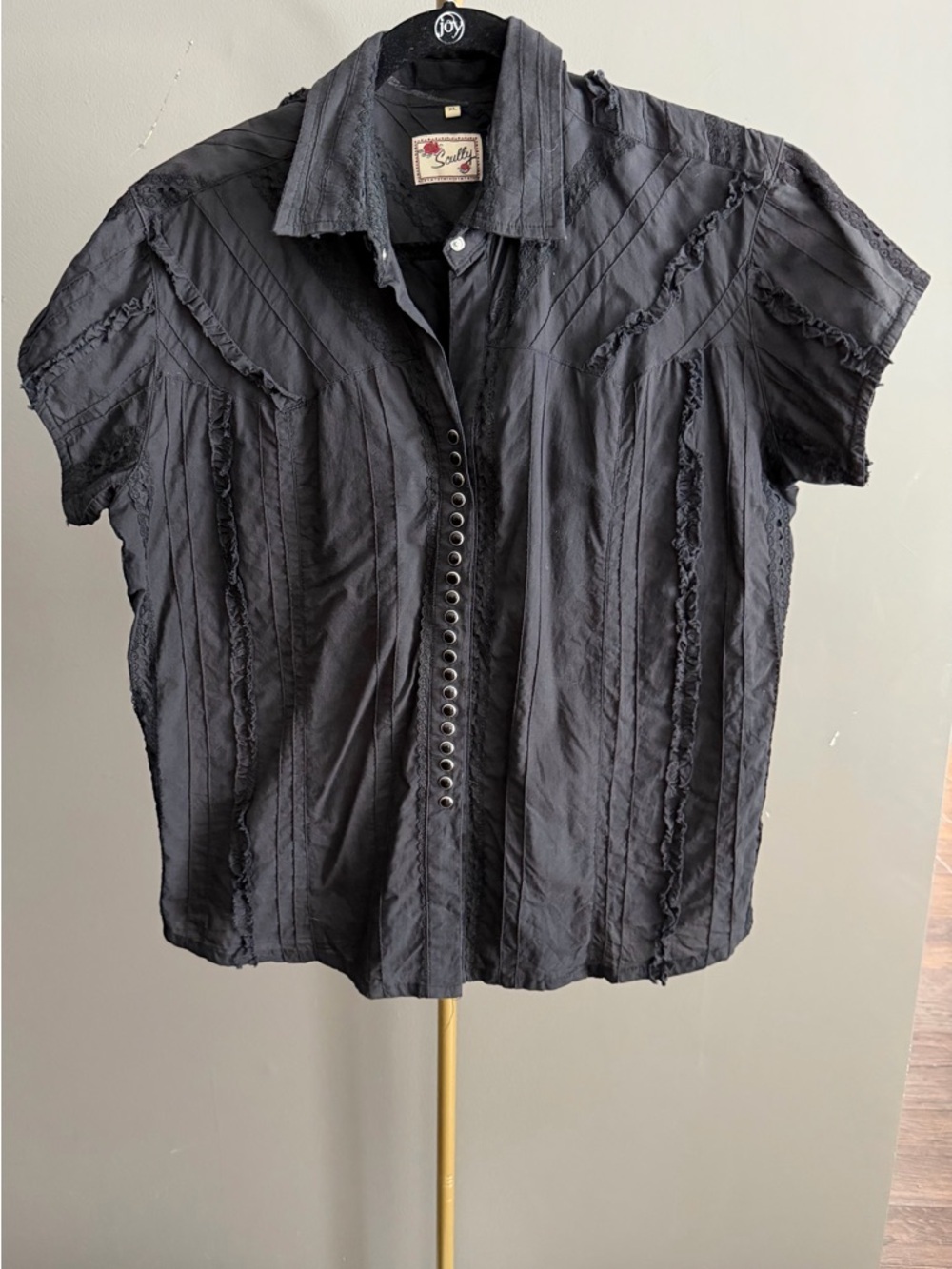 Scully XL Black Western Style Gothic Pearl Snap Shirt with Ruffles Lace